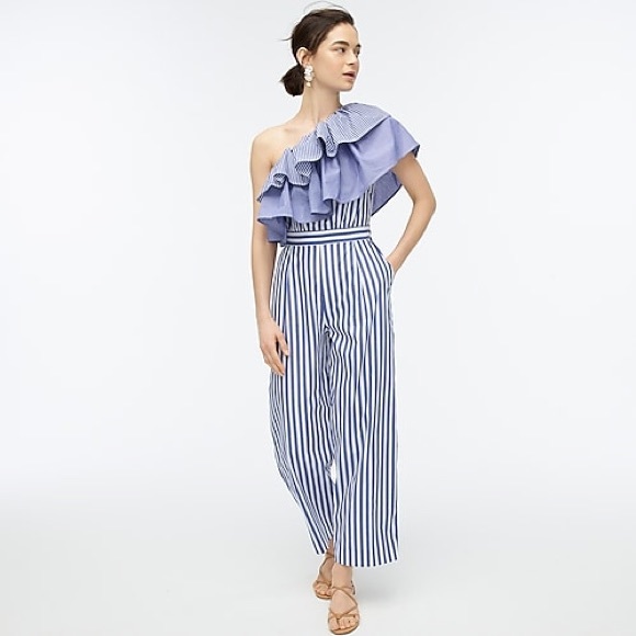 J. Crew Blue Striped Ruffle One-Shoulder Jumpsuit - Picture 2 of 4